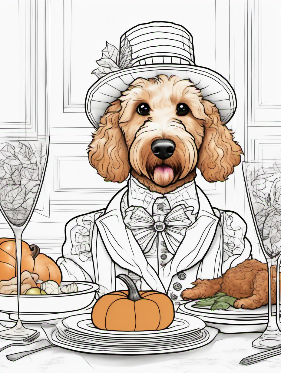 A cute female goldendoodle at a whimsical thanksgiving dinner with other animals dressed in fancy attire for a coloring book with black lines and white background