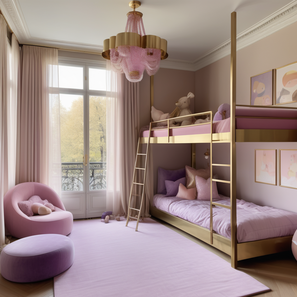 hyperrealistic image of large modern Parisian childrens room with bunk bed, floor to ceiling windows, beige, pink, lilac and brass colour palette, brass chandelier, sheer curtains
