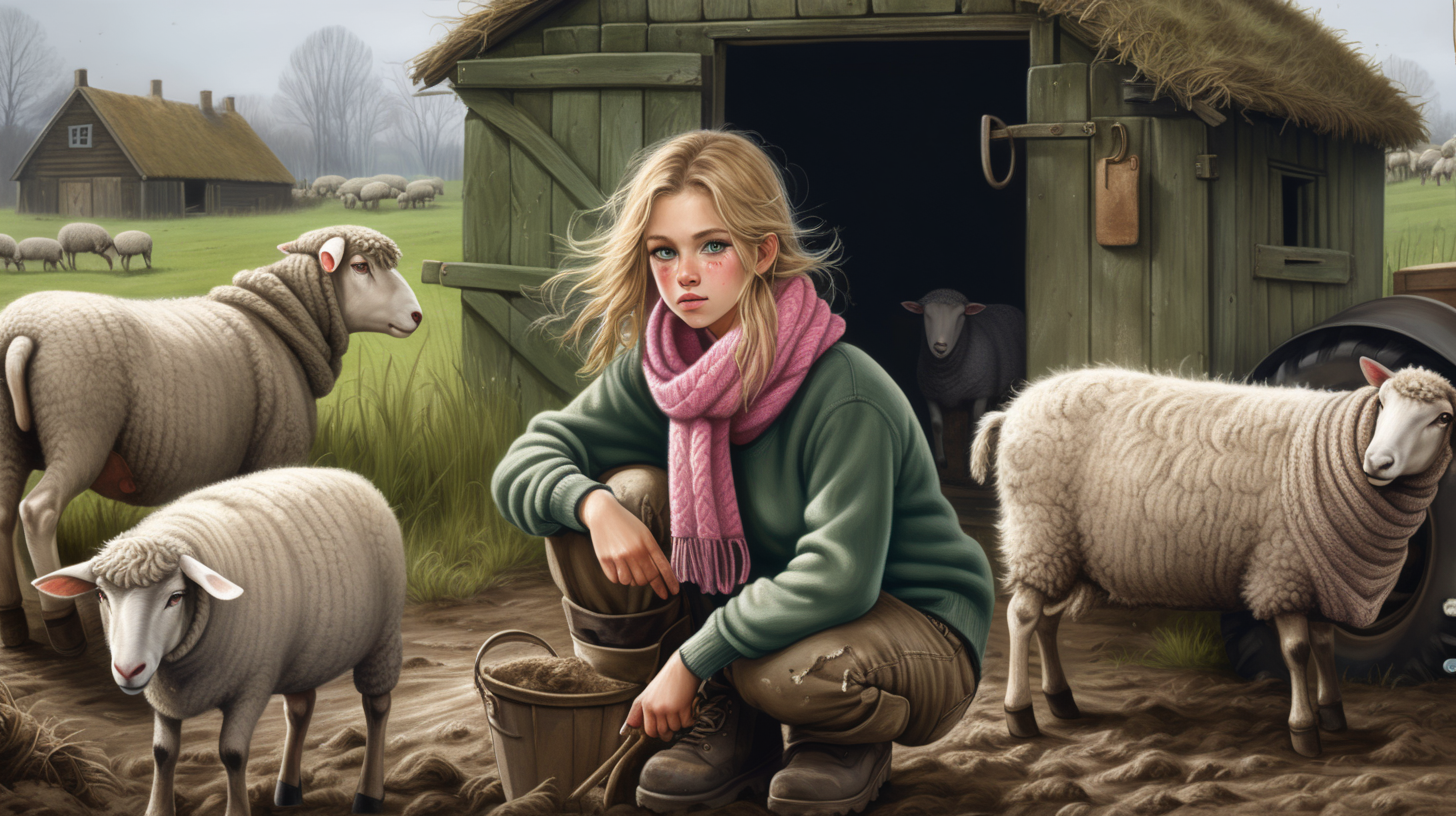 The young blond peasant woman with green eyes digs in the fields and looks after animals. Everything is muddy - next to it there is an old and broken shack with black smoke coming out of the chimney. A wooden shed. Next to it is a stable - full of sheep and animals. There are also bales of straw. It's winter, it's very studenty. The girl is wearing a torn and torn dirty white woolen sweater, dirty mud-stained jeans, wearing a quilt and a knitted hat. On his feet are worn muddy and dirty rubber boots, from which white dirty knitted woolen home-made socks are coming out. Dressed with thick quilting in a dirty green color. There is a torn knitted pink scarf - dirty from the mud. He also wears funny knitted gloves.