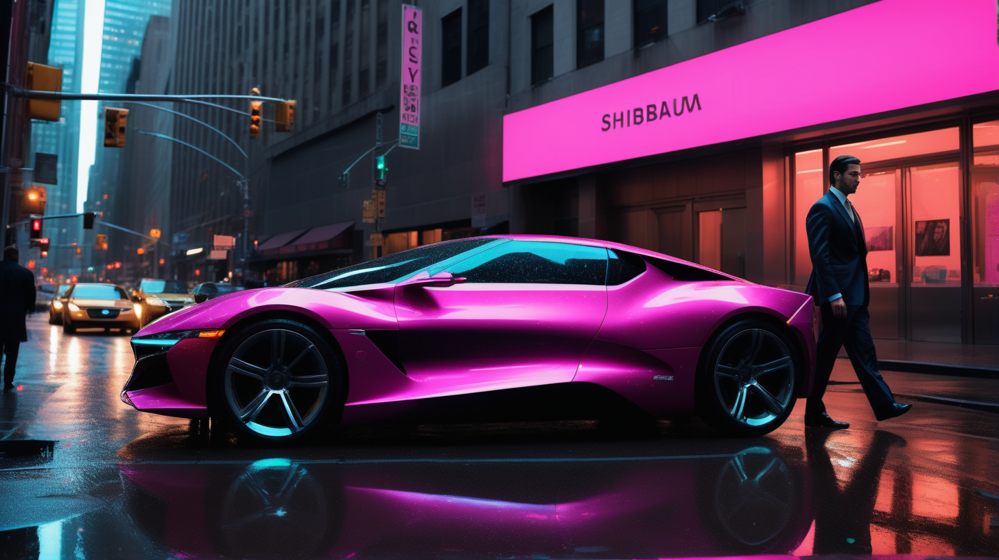 hyper-realistic photograph focusing on a sharply-dressed man in a tailored suit, exiting a sleek, futuristic luxury car, door ajar, under the neon glow of Wall Street. The license plate shines with "SHIB", reflecting on the wet, reflective pavement. Above, billboards flash "SHIB" and "SHIBARIUM" among a skyline of cybernetic buildings. The road is aglow with LED lights, in a palette of synthwave neon pinks, greens, and blues. Camera setup: Nikon D850, AF-S NIKKOR 24-70mm f/2.8E ED VR, aperture f/4 for depth and clarity, capturing intricate details and the vibrant energy of the scene --ar 16:9 --v 5 --q 2 --stylize 100
