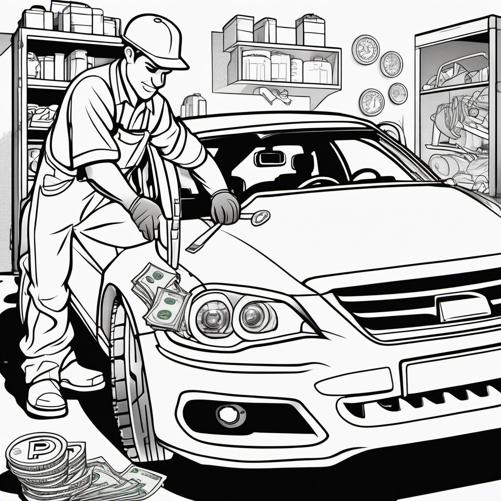 create an image without color for a kids' coloring book of a mechanic fixing a car with money in his pockets
