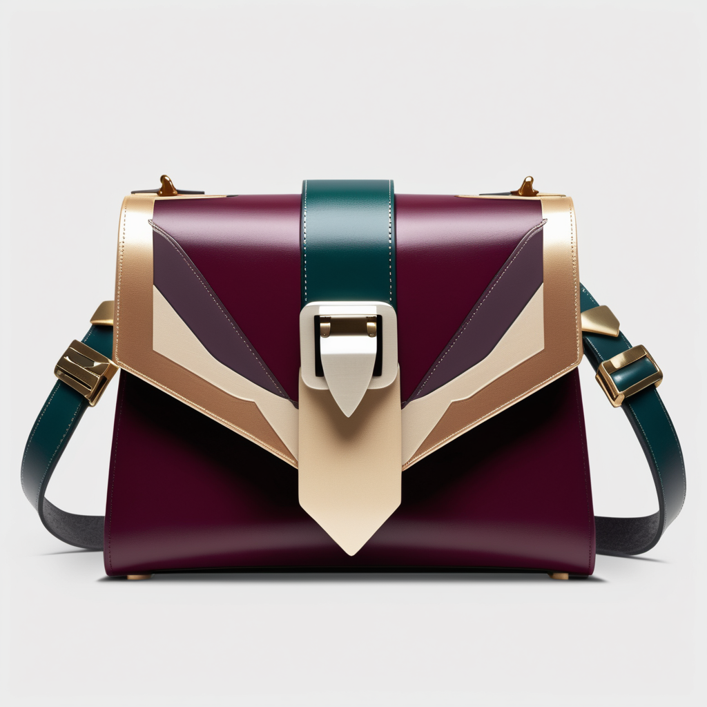 Art Nouveau motiv inspired luxury small  bag  leather with flap and metal buckle- geometric shape - frontal view  - inserts color block - Burgundi shades