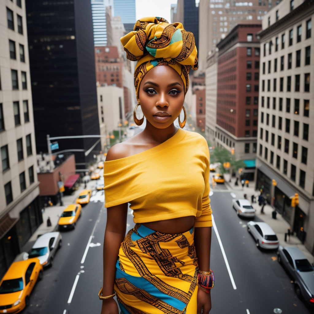 Beautiful Black woman with tribal markings on her eyes and forhead, wearing a multi color African headwrap and African print Skirt, wearing an asymetric, yellow style, wide neck sweater that drapes off one shoulder, down to the ankles,  Vibrant images that represent African heritage, In downtown Manhattan, looking straight up into the sky, view looking straight down from an aerial view, 4k, high definition, high resolution, light source from above right