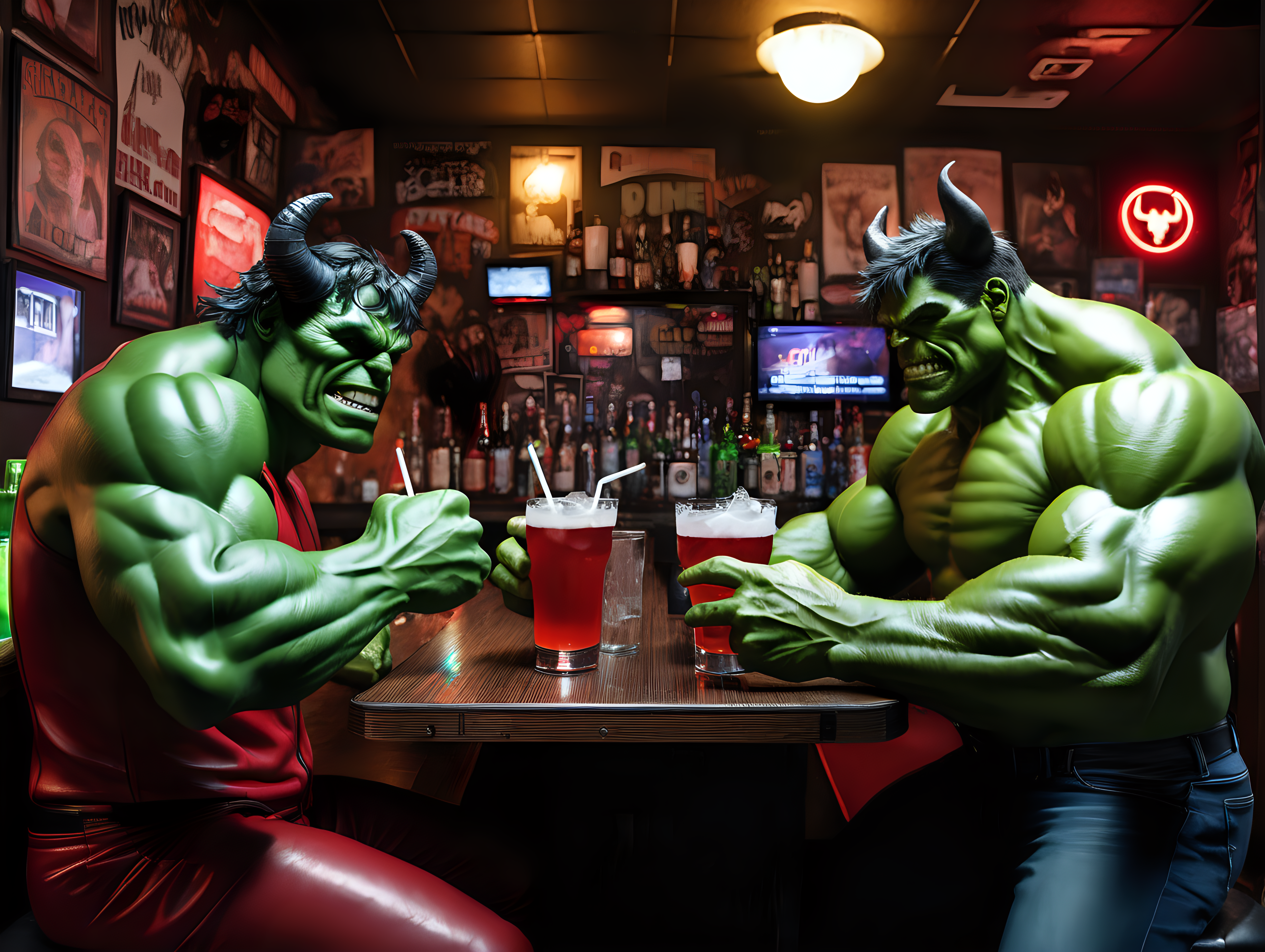 Devil and Hulk have drinks in a dive