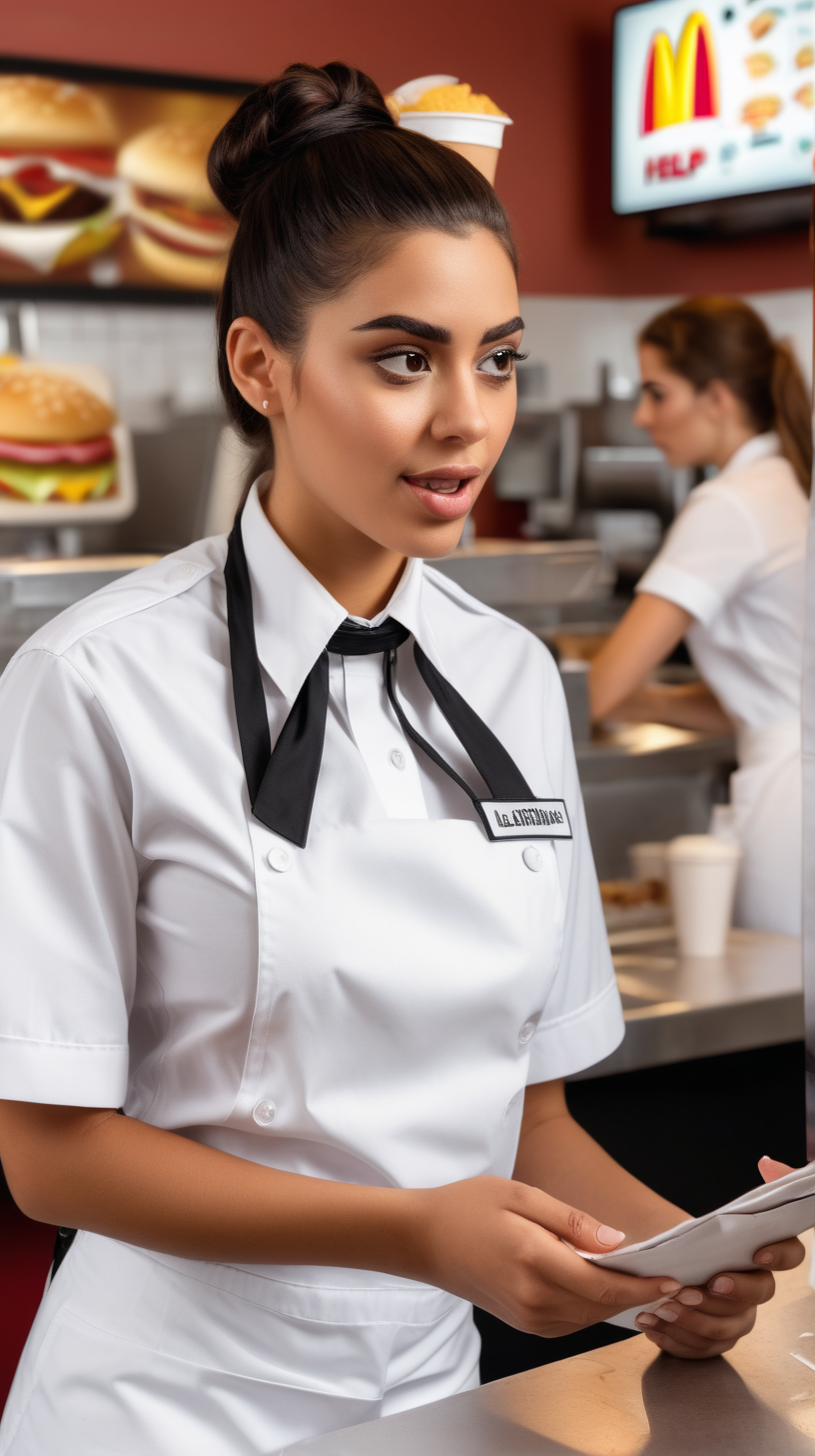 A Latina female waitress dressed in a white uniform with a black collar is talking to another waitress in a fast-food restaurant asking for help.