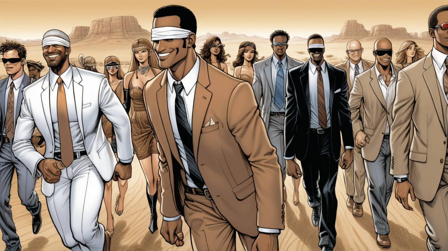 a blindfolded brown man with a smile leading a group of gorgeous and ethereal white and black mixed men & women with earthy skin, walking in a desert with his colleagues, in full American suit, followed by a group of people in the art style of Rob Liefield comic book drawing, illustration, rule of thirds