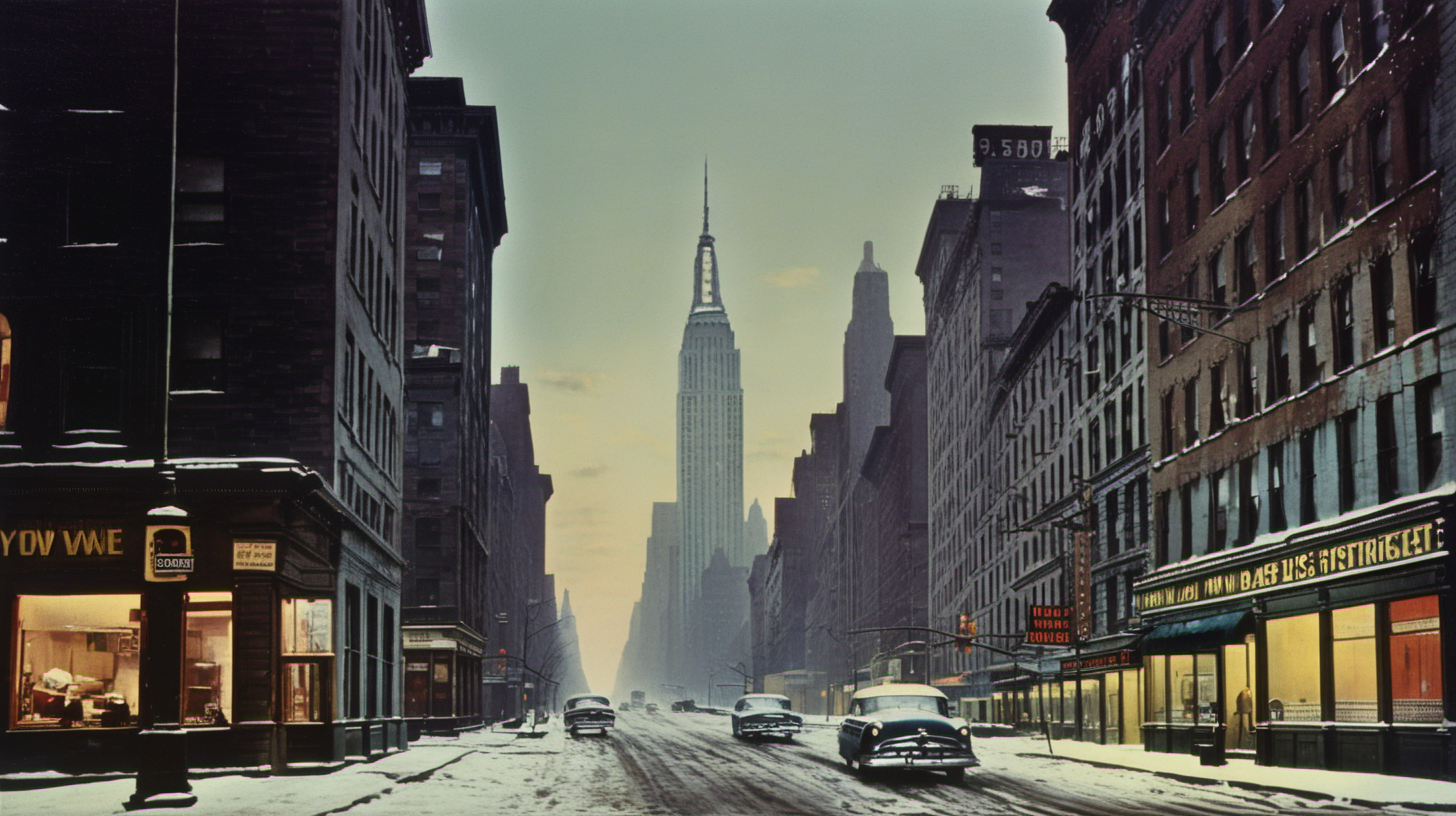 Deserted downtown New York City circa 1955 in
