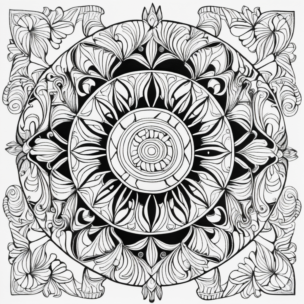 adult coloring page, black & white, strong lines, symmetrical mandala, garden inspired by Bosch