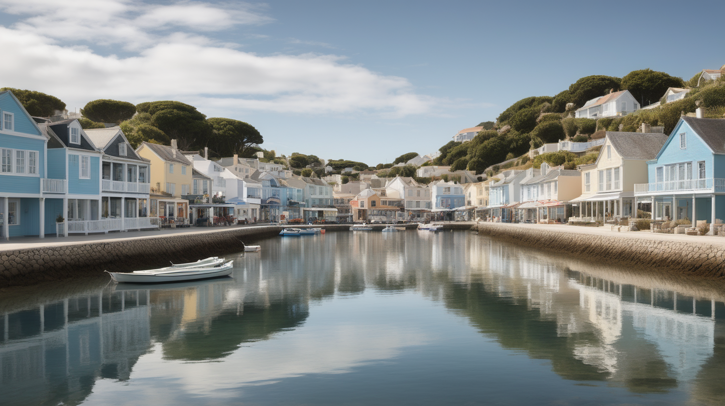 Una fotografía de un pueblo costero que transmita calma y serenidad, relax, lounge, ultrarealista, simetría 