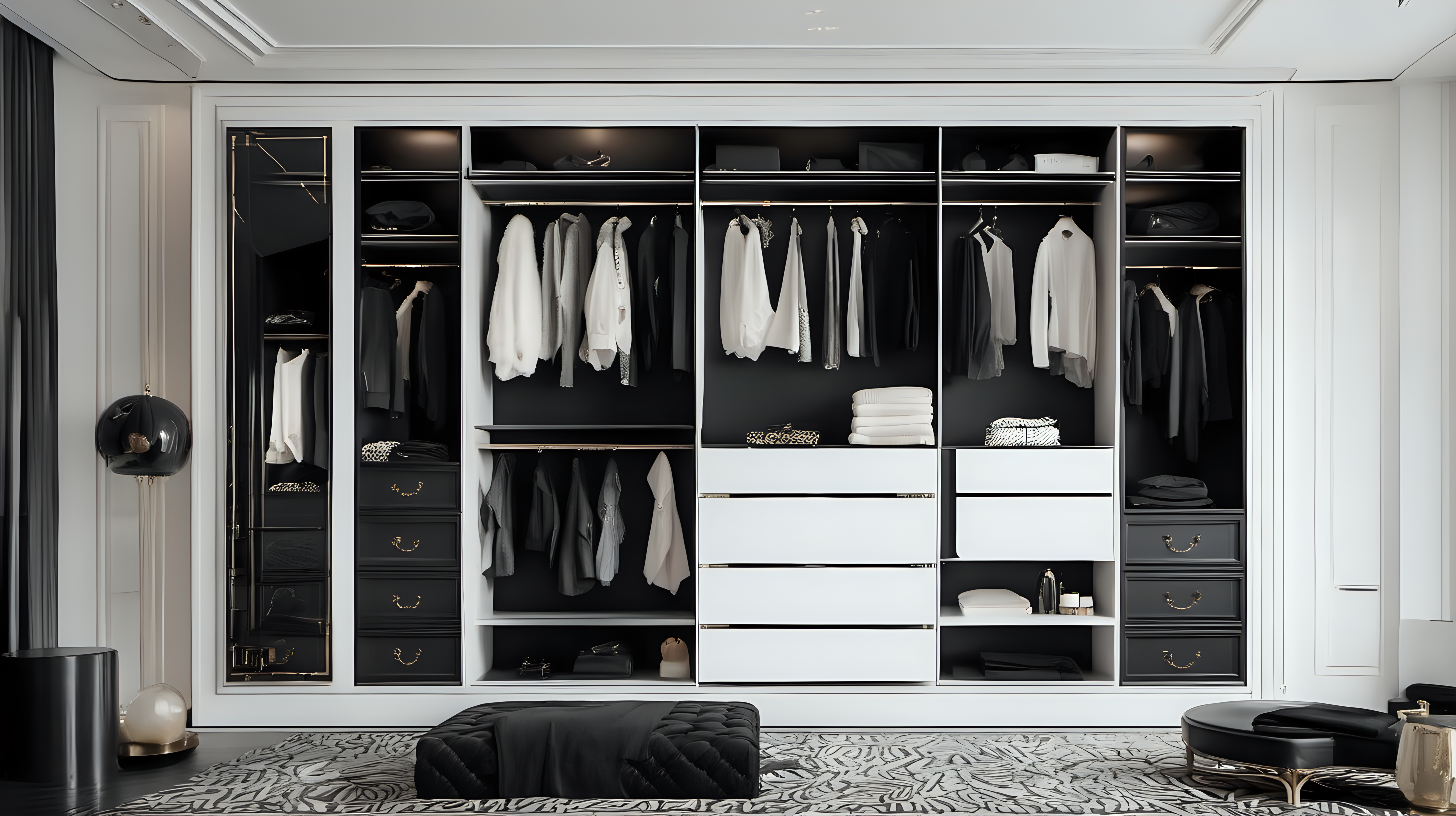 cozy Interior wardrobe with black and white luxury details