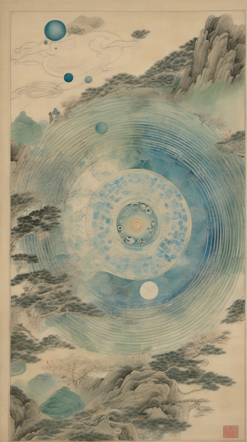 chinese gongbi drawing, with traversable wormhole, other worldly scenery, cosmos, quail eggs, greenblue mountain,underground
