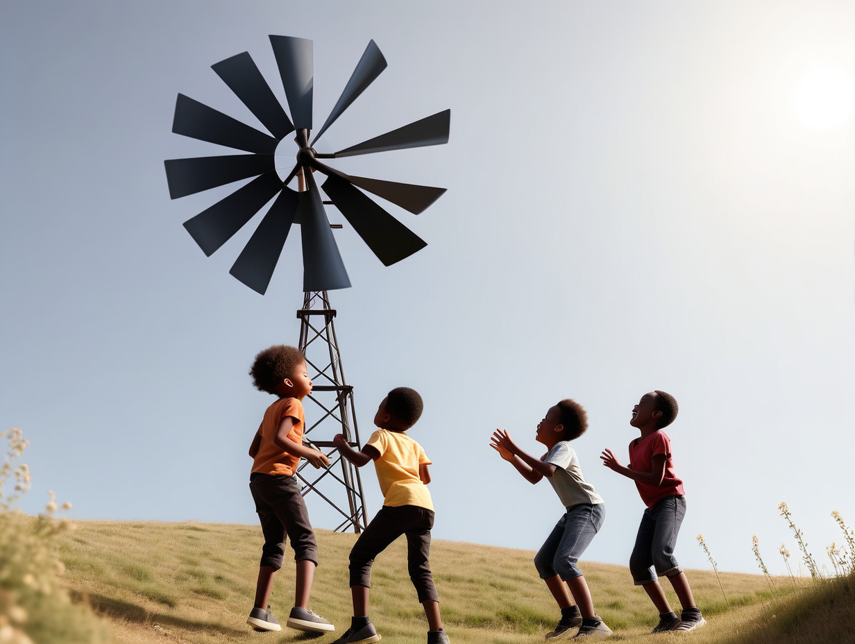 black kids playing with windmill generating electricity in an open hill captured in low angle
