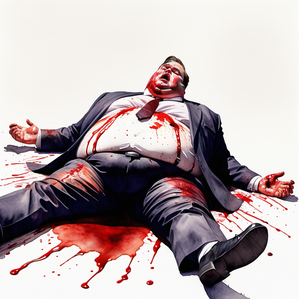 fat man in suit and tie lying on his back, seen from the side, covered in blood and choking, image based in watercolor paint art.