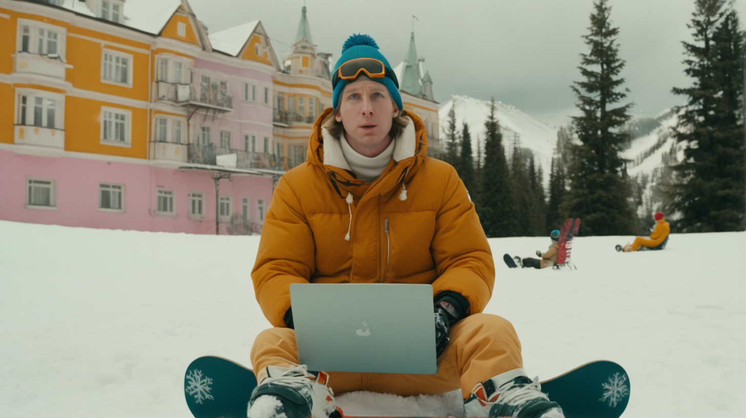 A man with a snowboard next to him, sitting in the snow, facing camera, with a laptop in his lap. cinematic in the style of wes anderson. 