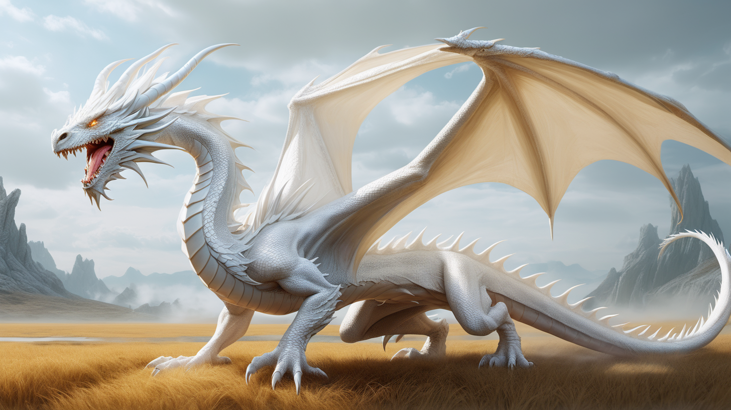 Draw  Stunning  fantasy Dragon white pose in the plains