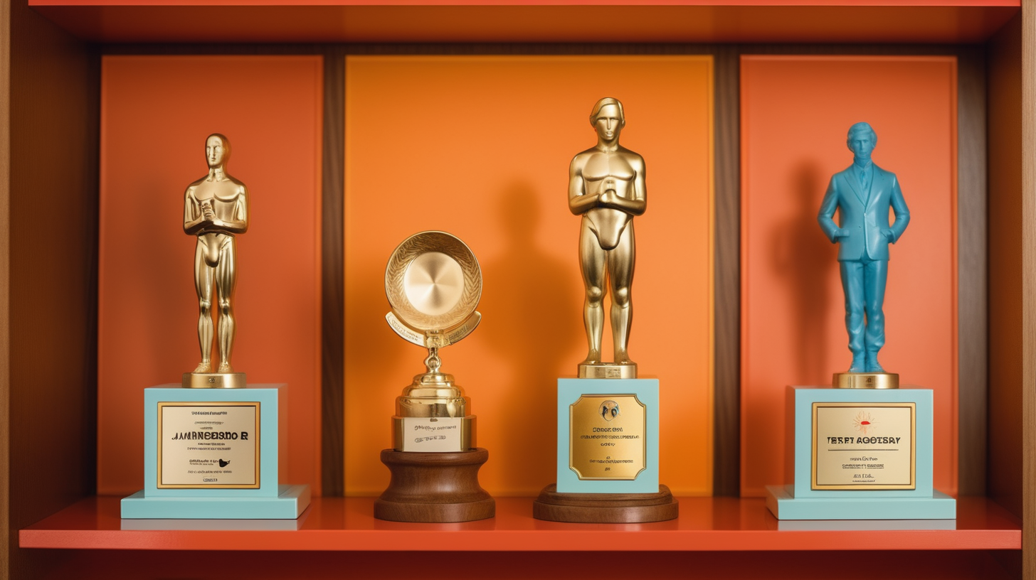 close up, high quality photograph of 4 Promax awards on a shelf in the style of a wes anderson movie
