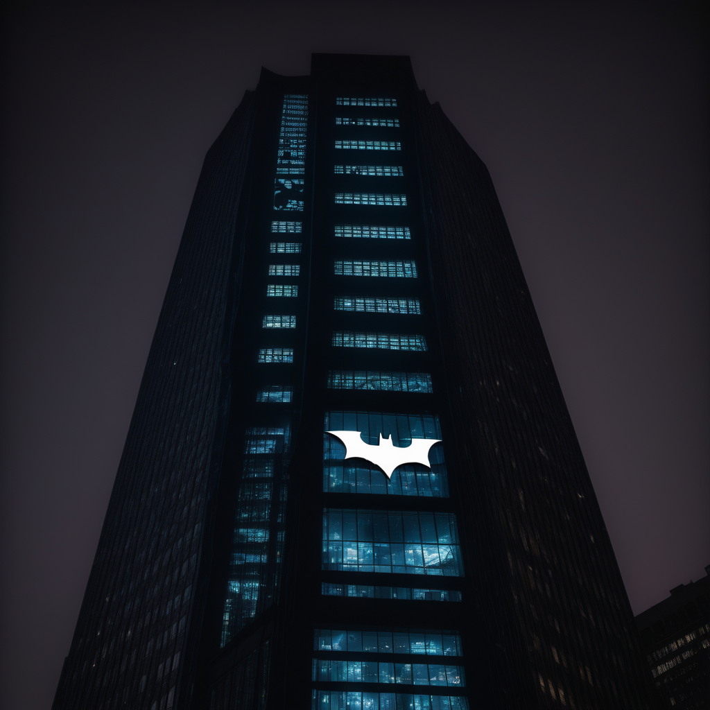 A Donnie Franko logo projected on a tall glass building like a Batman sign