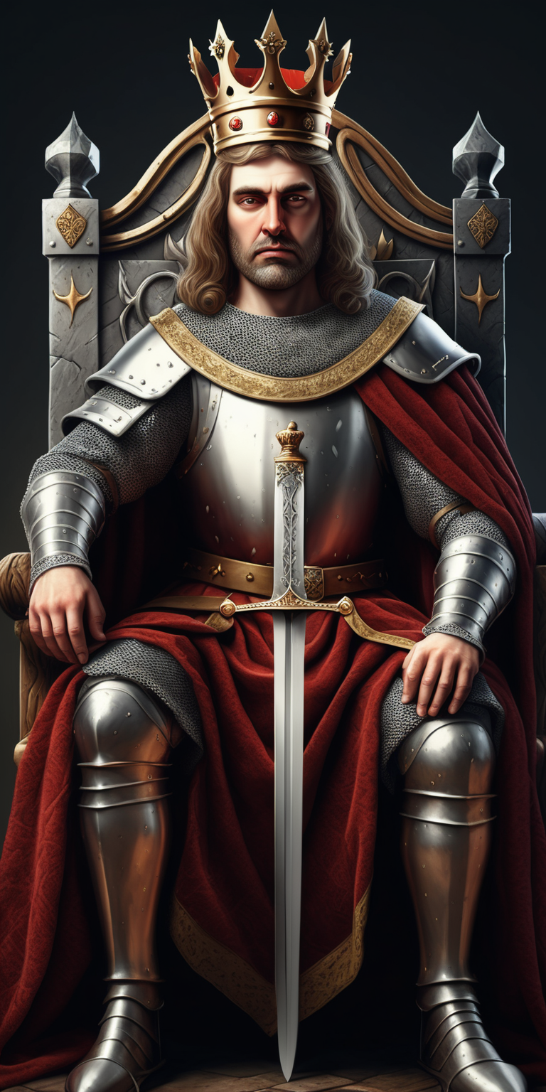 Realistic Medieval King sitting on throne with a sword