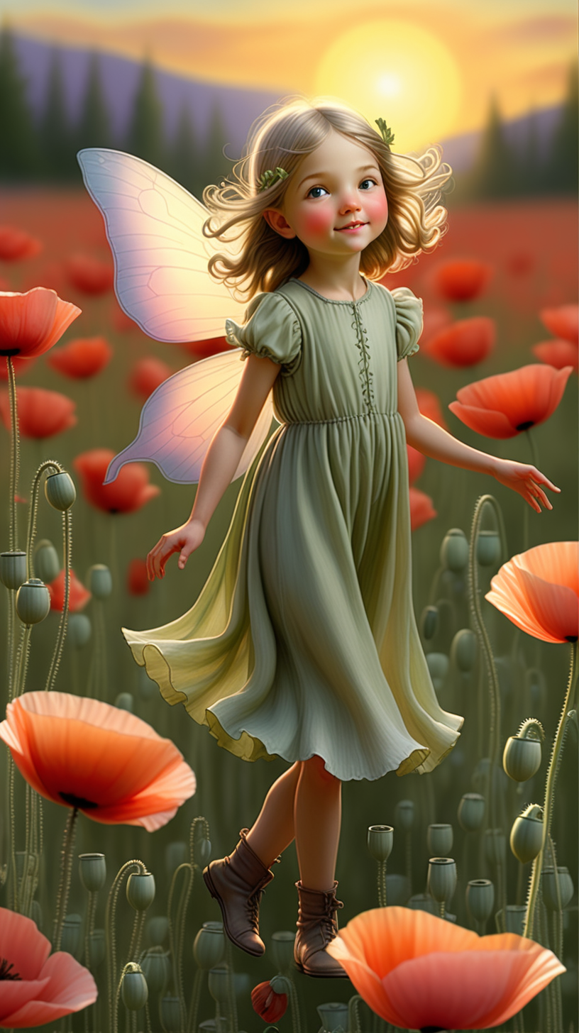 Envision a fairy standing in a poppy field