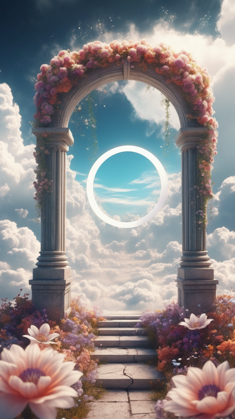 A portal on the clouds. Fantasy style. Flowers outside 