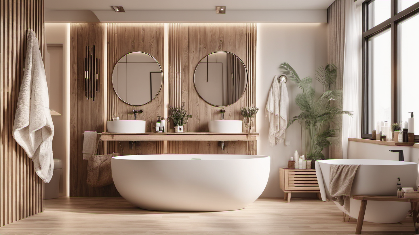 cozy Interior bathroom with beige  and white and wooden luxury details