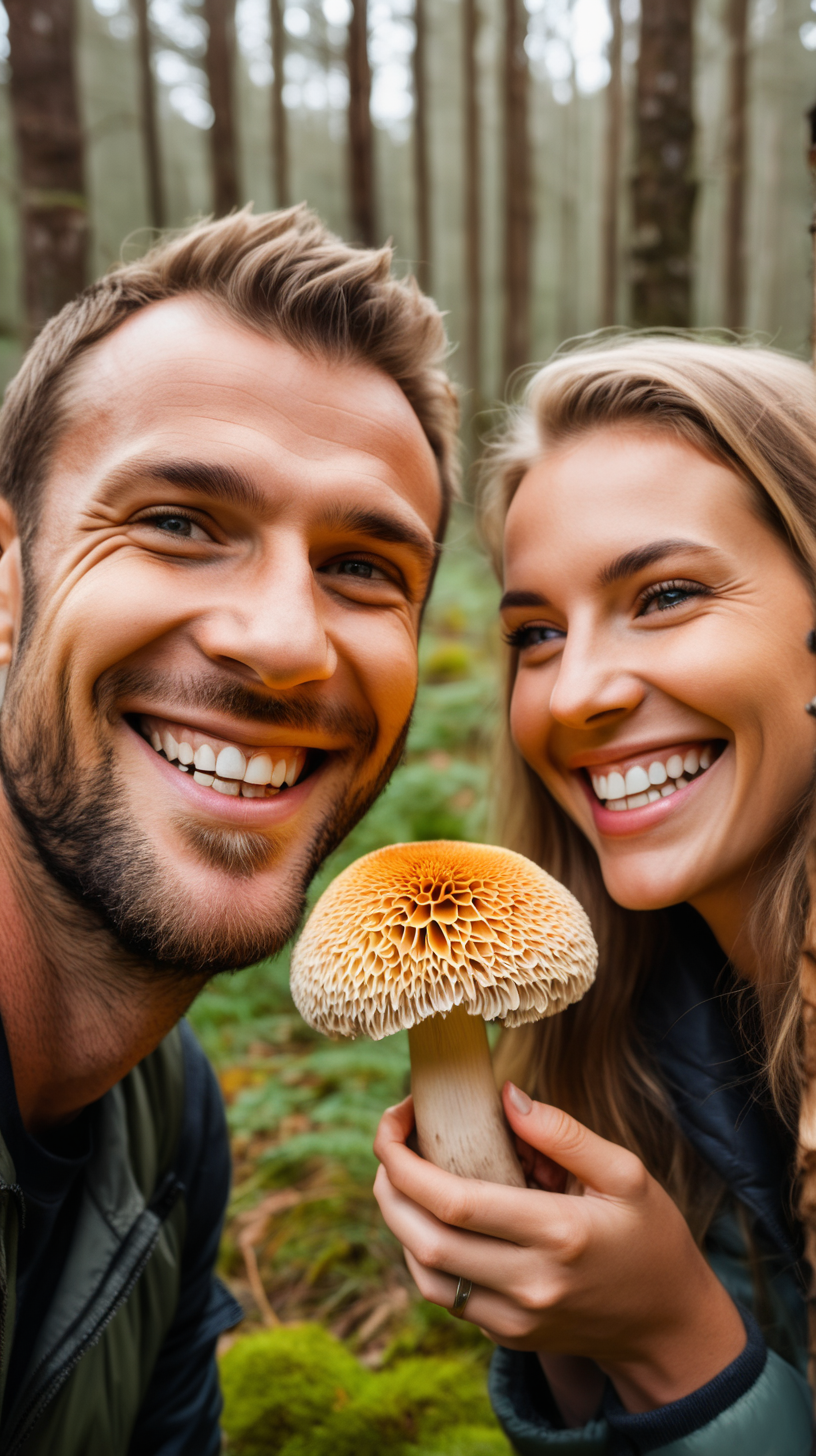 Man and woman taking LionsMane mushroom smiling happy