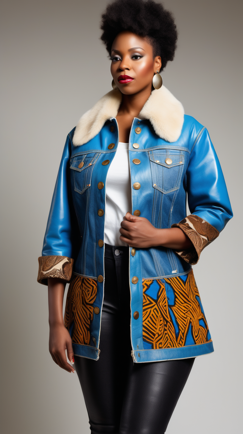 A beautiful black woman wearing a Levi denim jacket, restyled into a three quarter length jacket, made of Cerulean Blue, lambskin leather, with african printed fabrick inserted in various places, show Front, Back, and Side views with stainless buttons, with a cream Mink collar