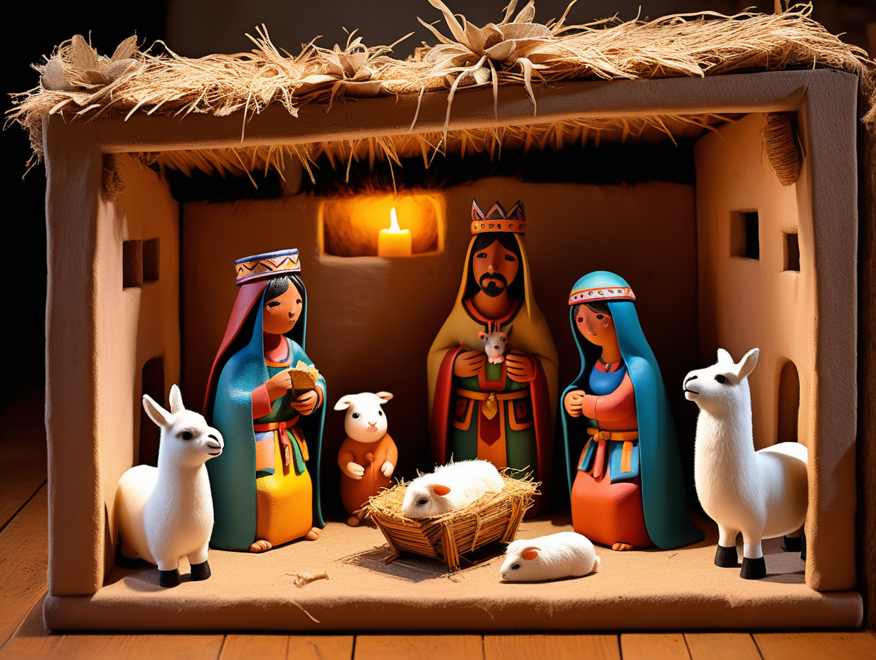  A nativity scene with 3 inca kings, a llama, 5 guinea pigs, and an andean father and mother looking into a cradle with an inca baby inside, the scene is inside an barn made of adobe and is lit by a wood fire