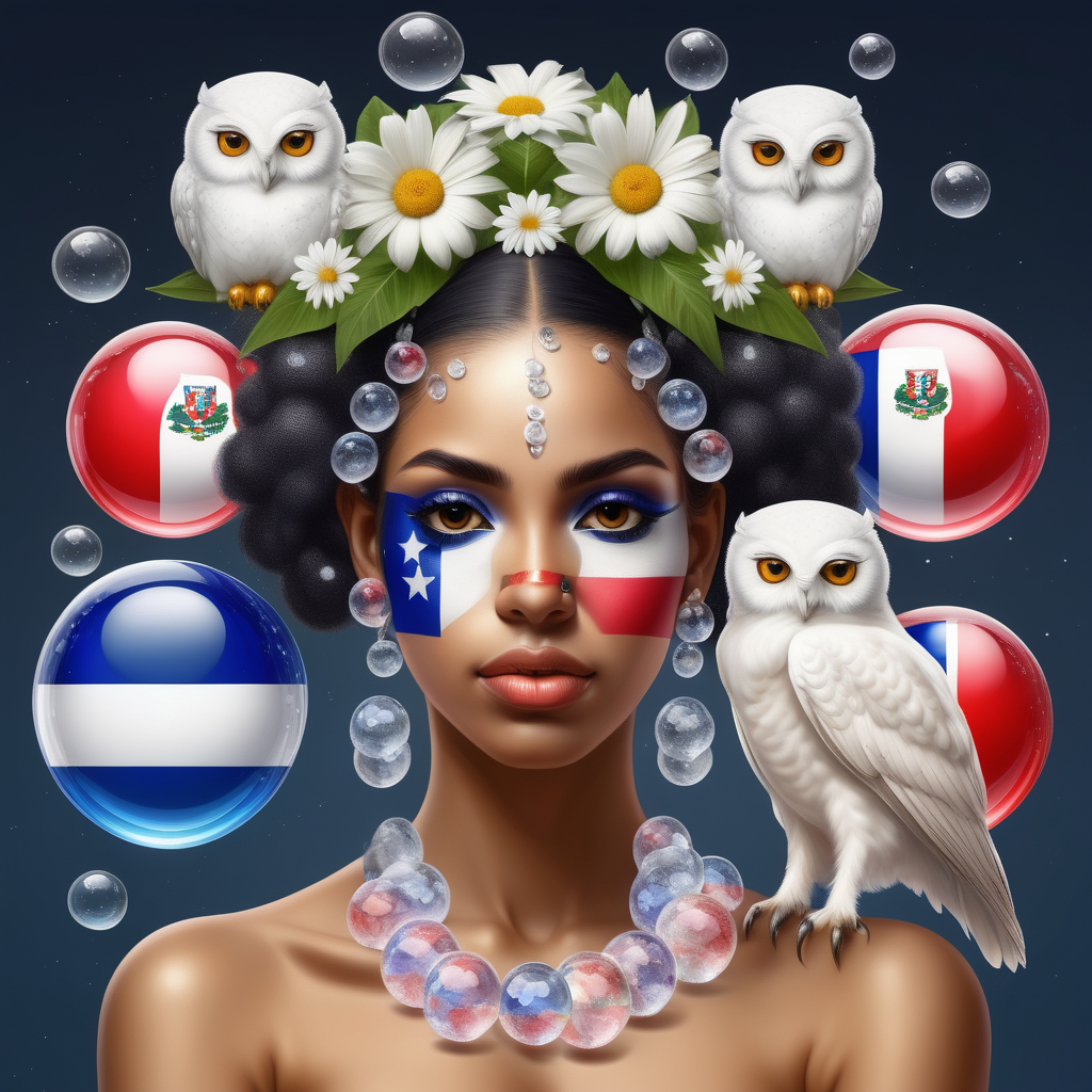  abtract Exotic Dominican woman with soft looking flowers in her hair

there are twelve floating crystal balls that look like bubbles in the air
 
she has the Dominican flag 
 and white owls

Dominican flag
