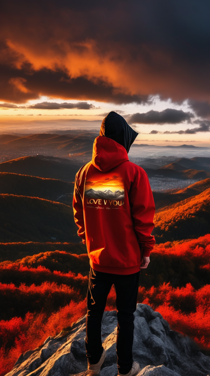 Man Wearing Hooded Jacket. written ilove you. Seeing the Sunset Clouds, on the Mountain Hill, the Clouds Are Red to Golden Gold. Very beautiful