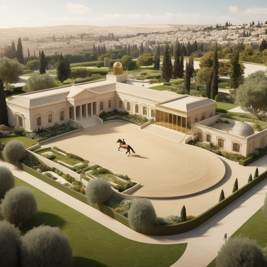 a hyperrealistic image of a grand modern Jerusalem-inspired estate horse trotting arena; surrounded by sprawling lawns and gardens;  Beige, oak, brass colour palette; 
