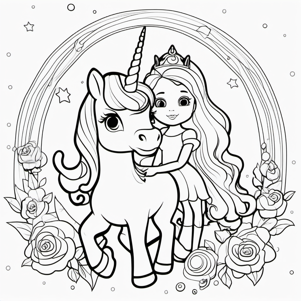 create coloring pages for kids, little princess in and baby unicorn , cartoon style, thick lines, low detail, no shading black and white