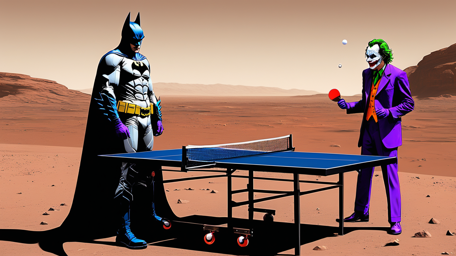 Batman the Joker playing ping pong on Mars