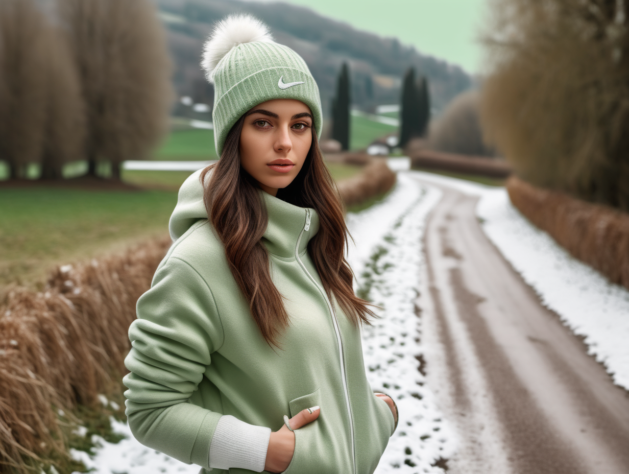 high texture ultra realistic photo of an Italian pretty woman, beanie, winter outfit, white nike sneakers, standing on a path, snowy winter day in the countryside, pastel green and brown colors --ar 2:3
