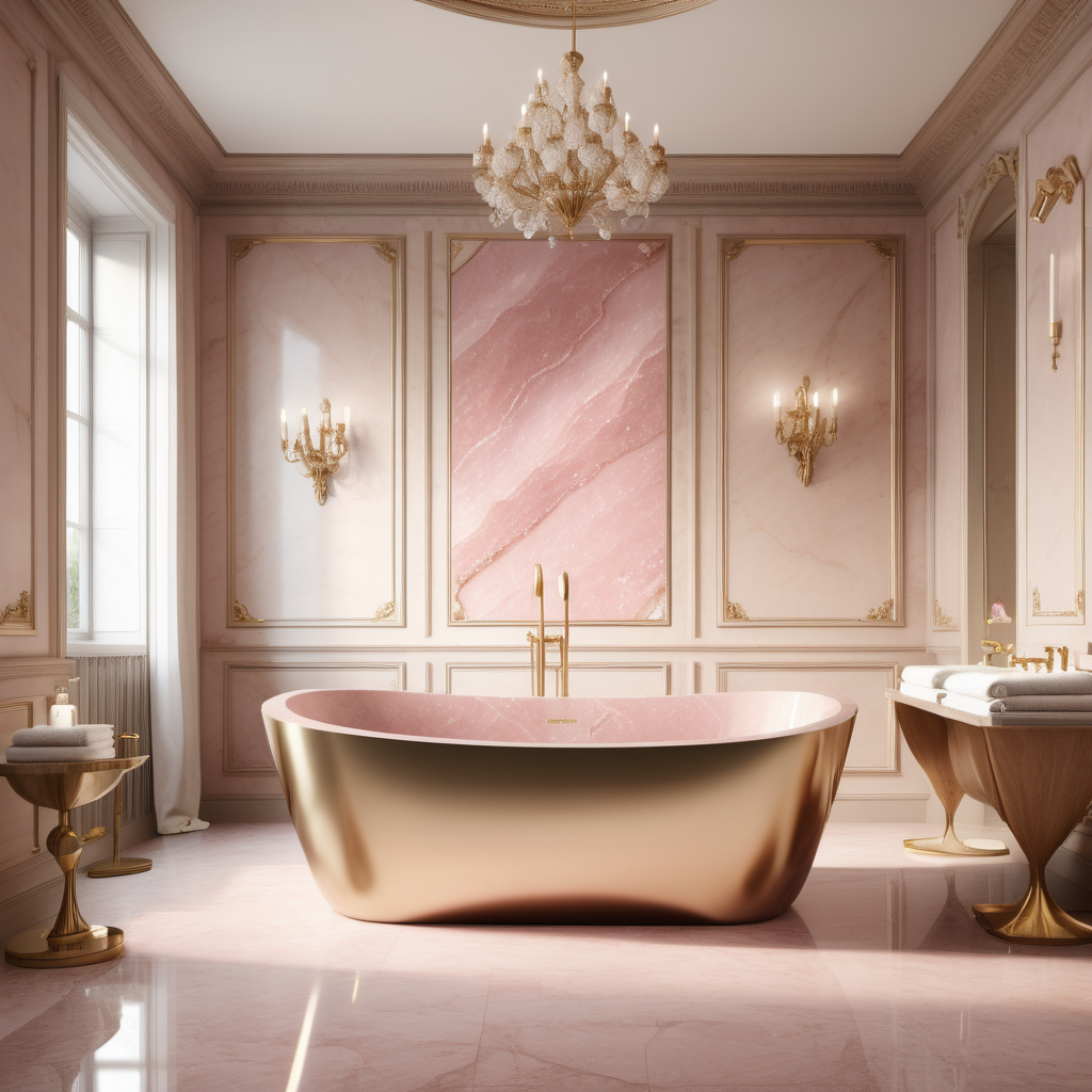 a hyperrealistic image of a Rose Quartz stone  bathtub in grand modern Parisian bathroom in a beige oak brass colour palette 