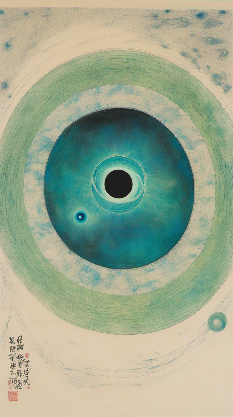 chinese gongbi drawing, blackhole and traversable wormhole, cosmos, blue green, otherworldly 