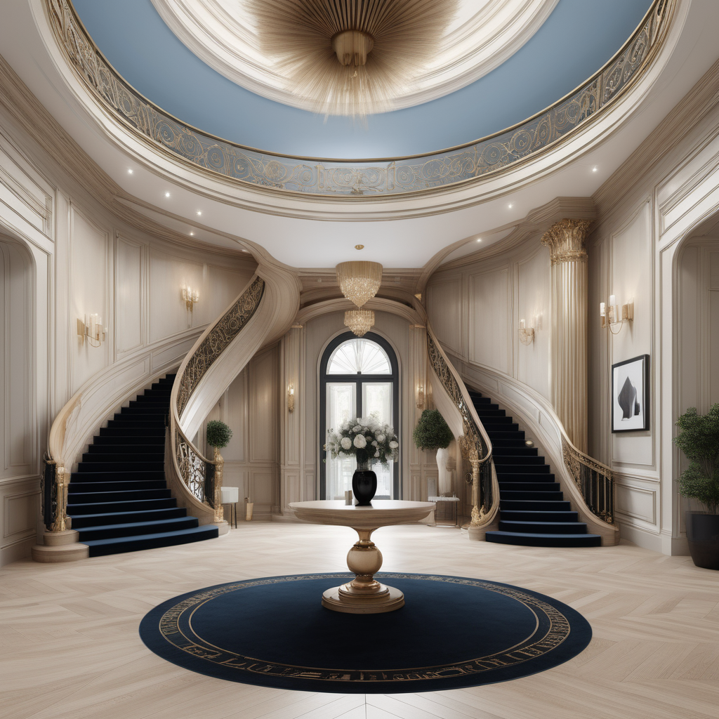 A hyperrealistic image of a luxurious, grand  modern Parisian entrance foyer in a beige oak brass colour palette with accents of black and muted soft blue, with coffered ceiling, a curved bifurcated staircase 