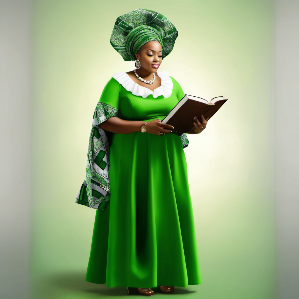 a realistic image of a black American biracial  large curvy female wearing gele on head  going to church holding Bible  wearing Nigerian dress in green