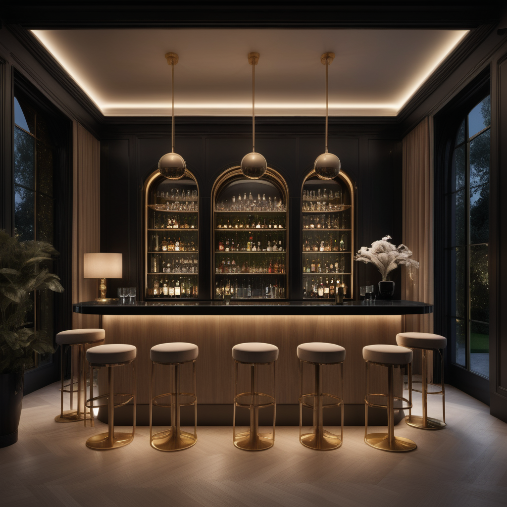 a hyperrealistic of a grand modern Parisian estate home bar room at night with mood lighting,  floor to ceiling windows with a view of the manicured gardens, in a beige oak and brass and black colour palette
