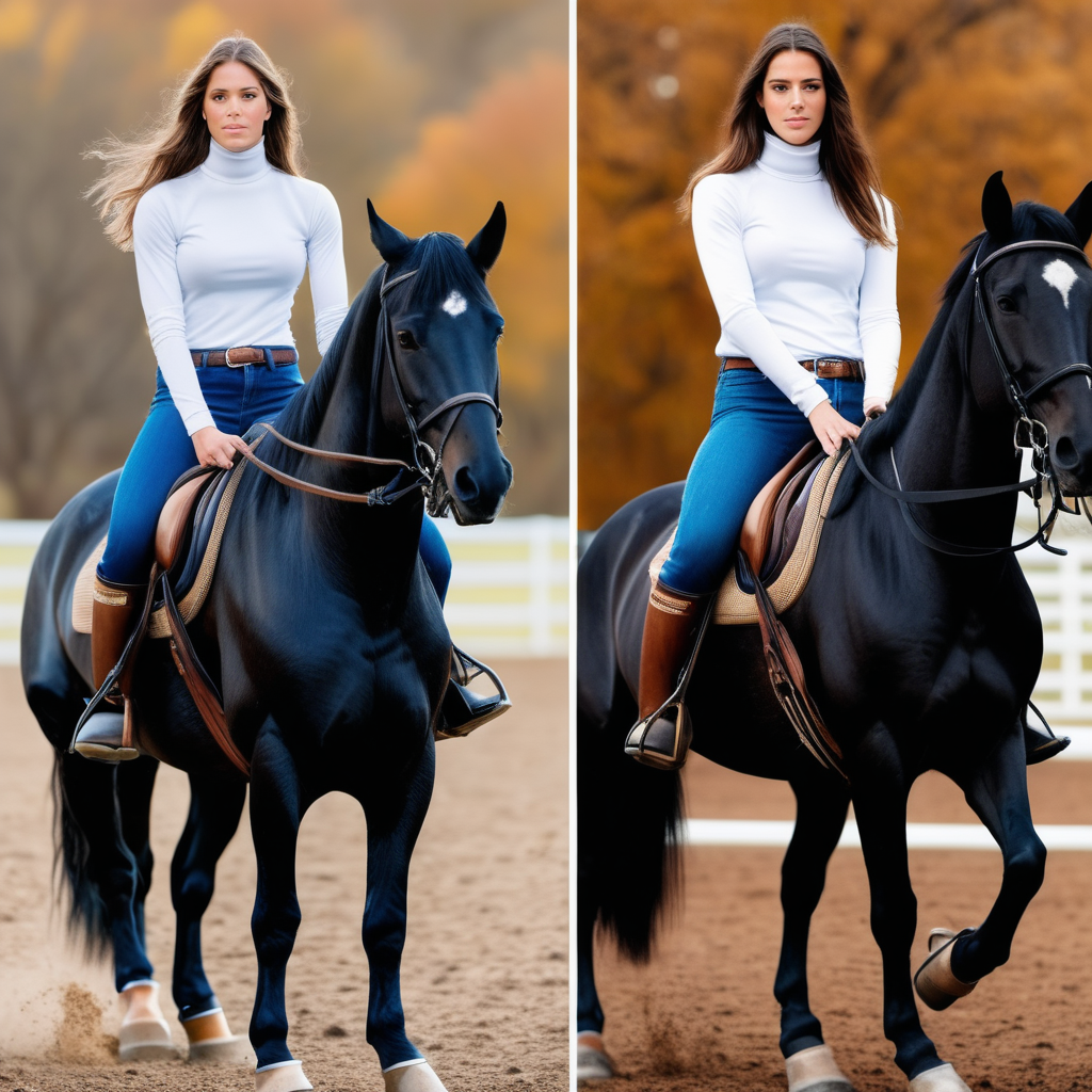 Using the same background in each frame, Emily Feld wearing a white polo neck and blue jeans and long brown riding boots riding a black horse