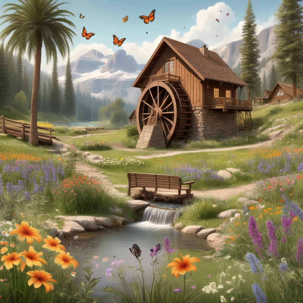 Uma linda cabana em uma campina com flores campestres, um riacho com uma grande roda d'água e um casal sentado em um banco com arvores palmeiras ao fundo E pequenas borboletas voando 

