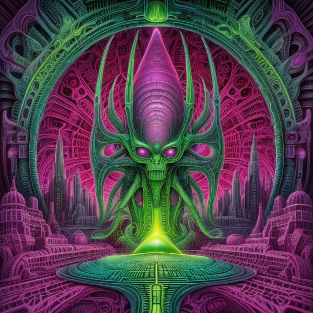 neon green, red, magenta  and yellow colors, clear lines, detailed, symmetrical mandala, alien city in style of H.R Giger