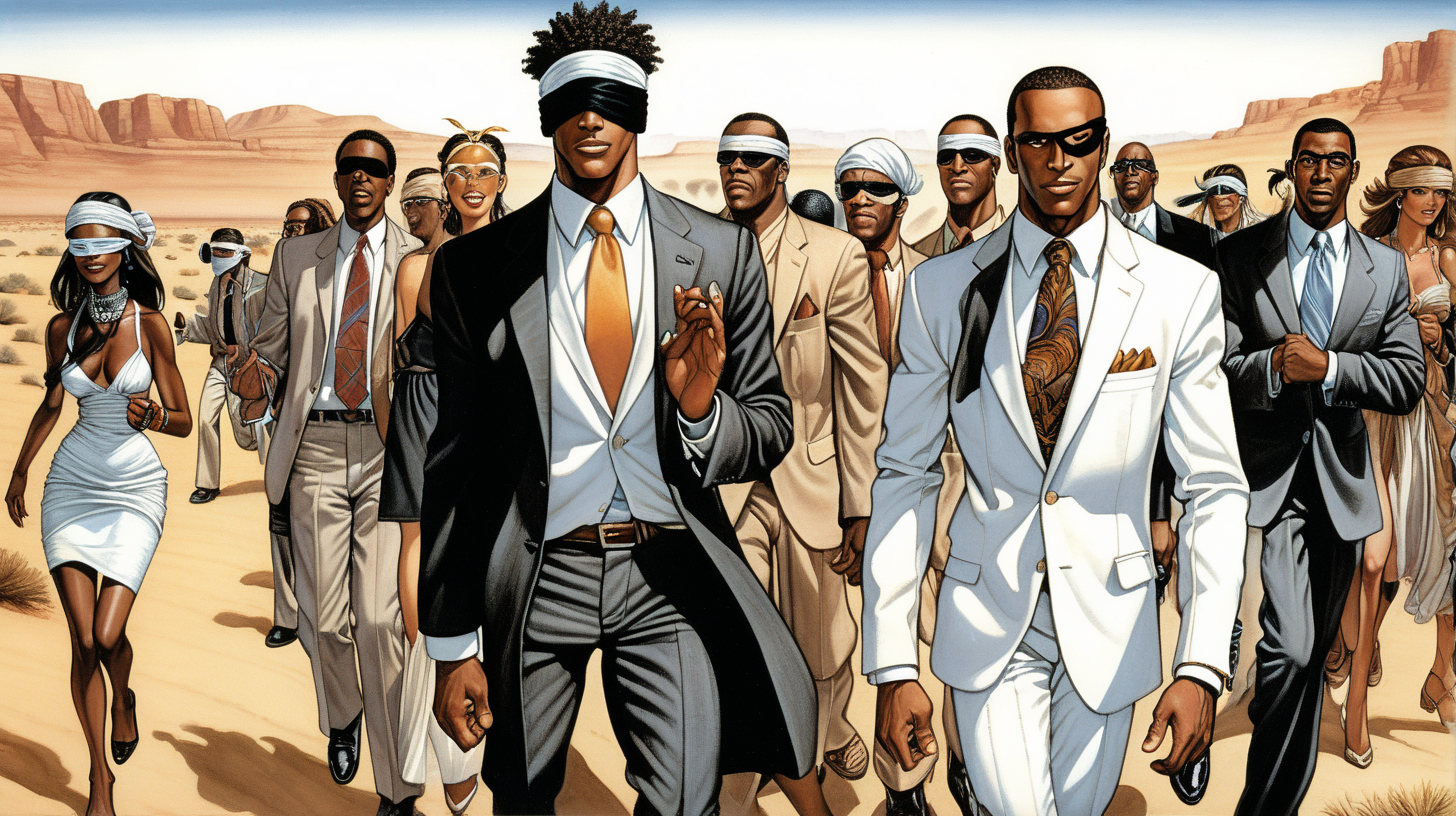 a blindfolded black man with a smile leading a group of gorgeous and ethereal white and black mixed men & women with earthy skin, walking in a desert with his colleagues, in full American suit, followed by a group of people in the art style of Angus McKie comic book drawing, illustration, rule of thirds