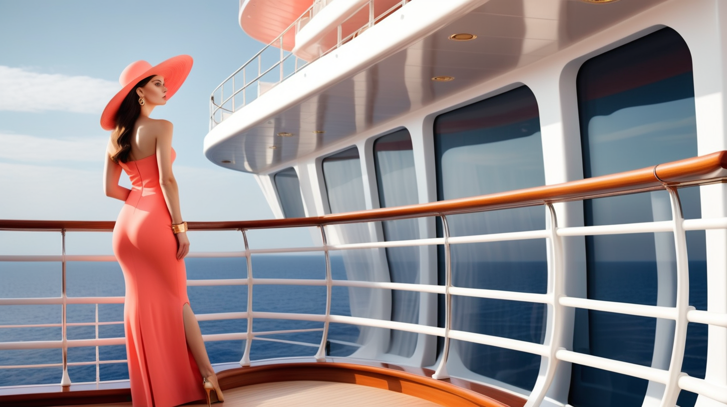 The brunette woman wearing  a long coral dress from Versace and in stylish hat stands on the upper deck of a cruise ship  and looks into the distance 