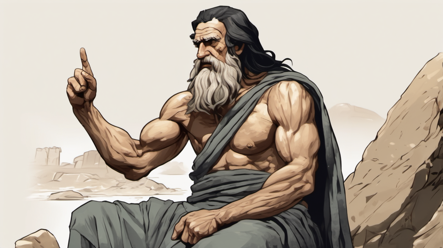 Ancient Greek Old man with muscles, long black hair on cheeks, only one cloth on right shoulder sitting on a rock, fingering at like he is saying go and win the war.
