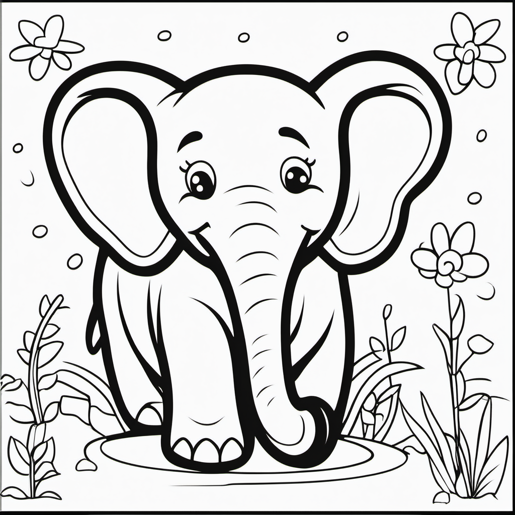 draw a cute elephant  with only the outline in black for a coloring book for kids
