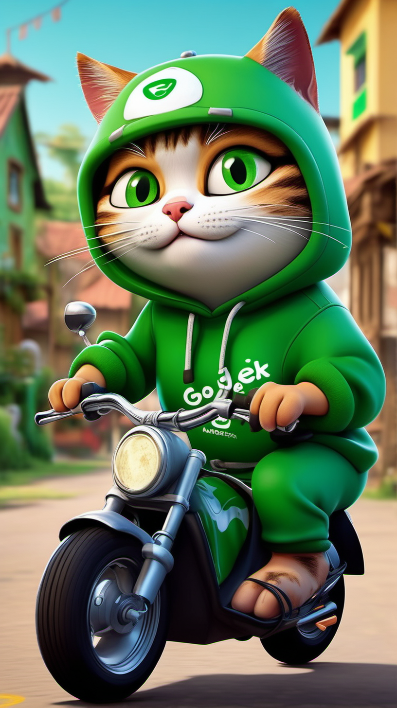 create ai disney pixar caricature photos. Fat little cat. Funny. Eyes bulging, riding a mini motorbike. wearing a helmet that says GOJEK Martapura. wearing a green and black hoodie with GOJEK written on it, wow expression. Carrying a Big Box, rural atmosphere background.|