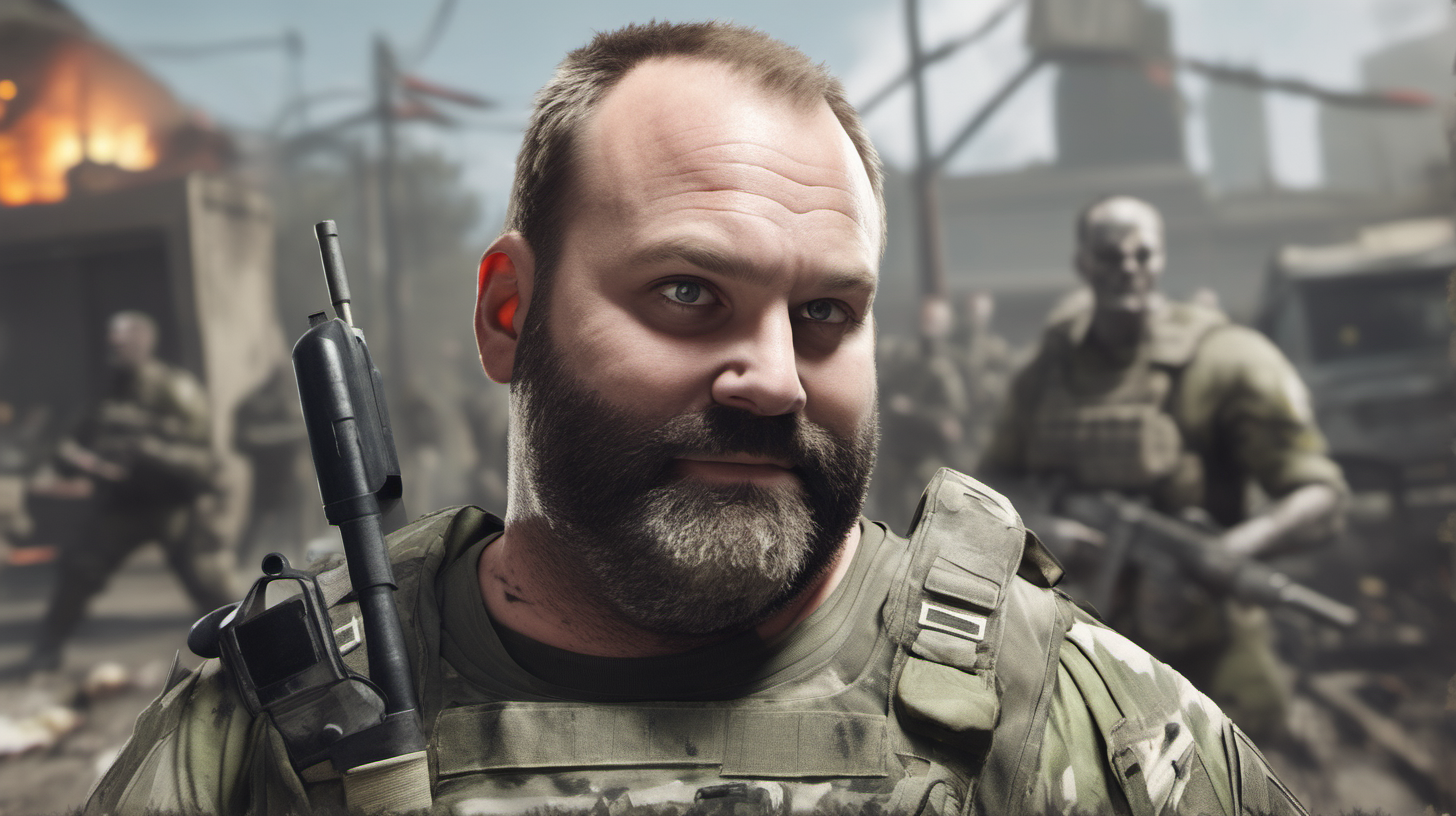 a soldier by himself who resembles tom segura with grey hair in the style of the video game call of duty, in the background a zombie apocalypse