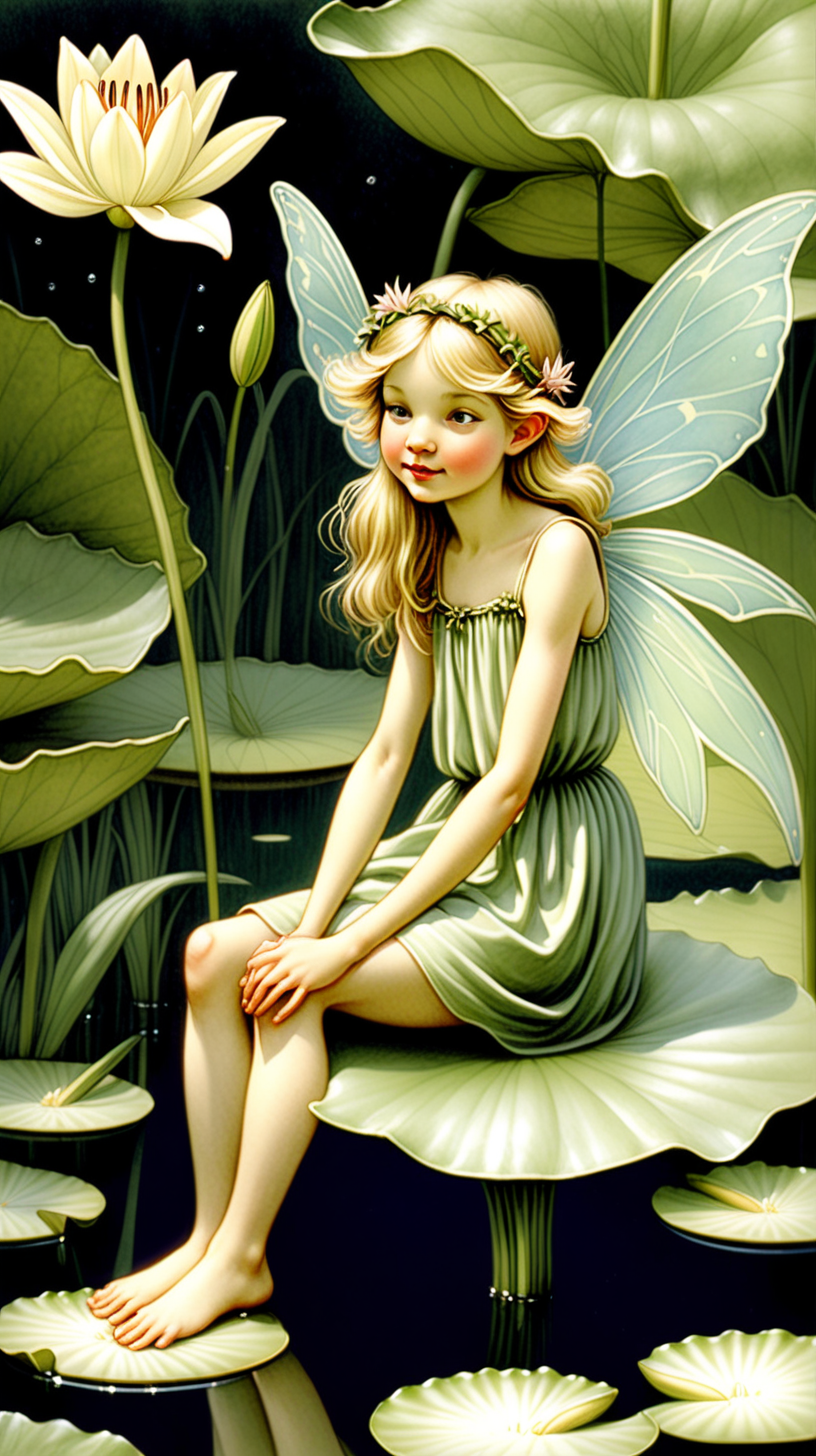 Illustrate a fairy perched on a lily pad, daydreaming in a serene pond, capturing the magical and whimsical atmosphere present in Cicely Mary Barker's flower fairy artwork.