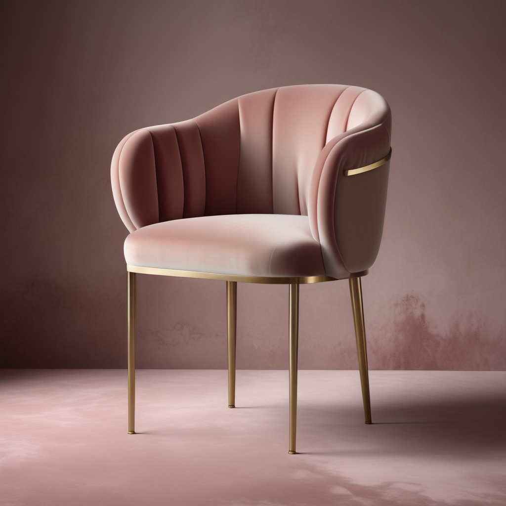 a hyperrealistic image of a velvet modern Parisian  dining chair with arms in beige dusty rose and brass 
